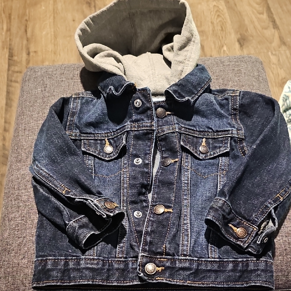 Old Navy Kids Blue Denim Jacket Gray Hood Size 18-24 Months Boy Girl Toddler
